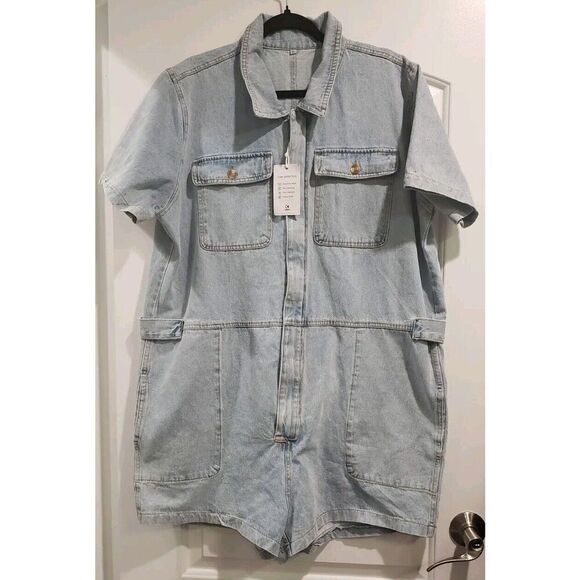 COWOKA Womens Casual Distressed Zip Short Sleeve Denim‎ Romper - Picture 1 of 8